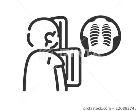 Illustration of a man's icon (line drawing) undergoing a chest x-ray examination (X-ray) 120882743