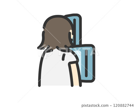 Illustration of a woman icon (line drawing color) undergoing a chest x-ray examination 120882744