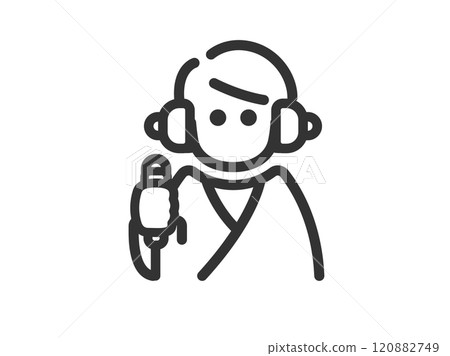 Illustration of a man icon (line drawing) taking a hearing test Illustration of a man icon (line drawing) taking a hearing test 120882749