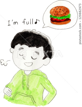Illustration of a full man eating a hamburger Illustration of a full man eating a hamburger 120882973