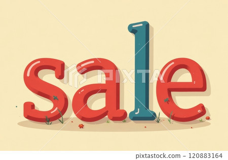 A vibrant sale sign is displayed with oversized red and blue letters on a soft beige backdrop. The letters are adorned with subtle floral elements, creating an inviting atmosphere. 120883164