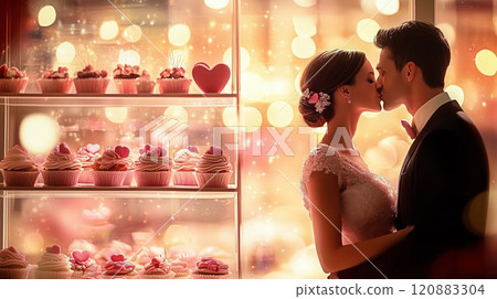 Sweet treats and love moments: Romantic kissing scene of a couple 120883304
