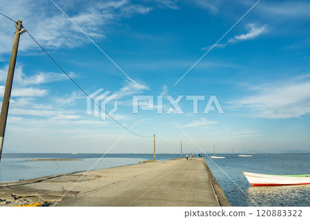 Tara Town, Saga Prefecture: Underwater road next to the underwater torii gate of Oo-Uo Shrine in the shallow waters of the Ariake Sea 120883322