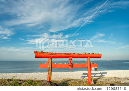 Tara Town, Saga Prefecture: A torii gate next to the underwater torii gate of Ouo Shrine in autumn, standing in the shallow waters of the Ariake Sea 120883348