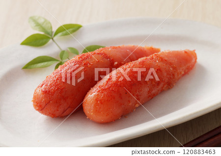 Spicy cod roe served on a white plate 120883463