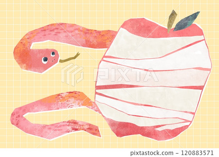 Scandinavian style illustration of a snake and a peeled apple New Year's postcard 120883571