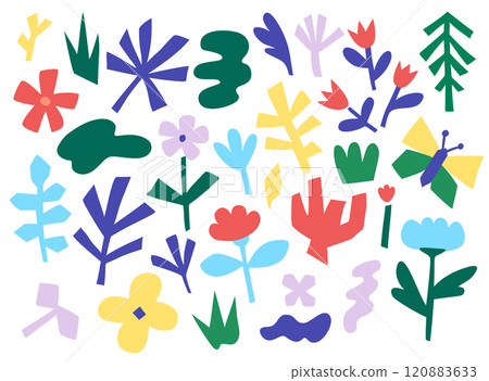 Modern trendy abstract shapes of flowers and plants. Retro groovy style. Vector illustration for design 120883633