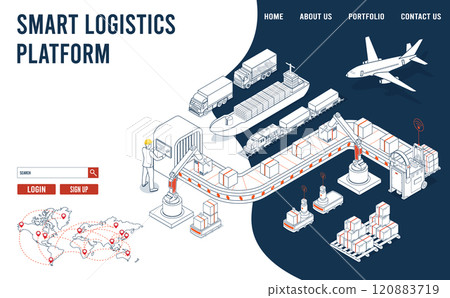 Smart Logistics Landing page with Autonomous robot industrial technology and Artificial intelligence. Vector illustration eps10 Smart Logistics Landing page with Autonomous robot industrial technology and Artificial intelligence. Vector illustration eps10 120883719