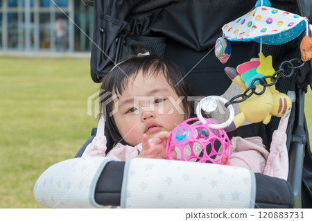 【大公園裡推著嬰兒車的嬰兒】 120883731