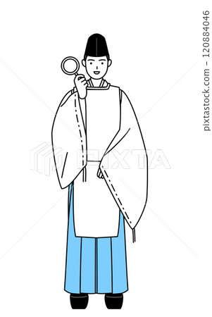 神社的祭司手持放大鏡，將手放在腰上，身穿烏賊和袈裟。 120884046