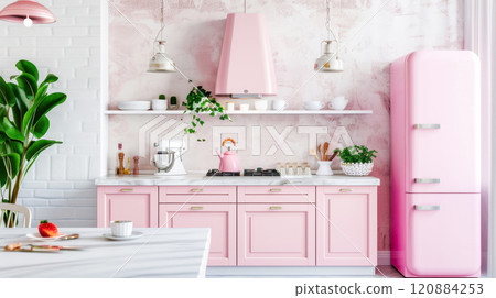 Charming pink kitchen with vintage appliances and modern decor 120884253