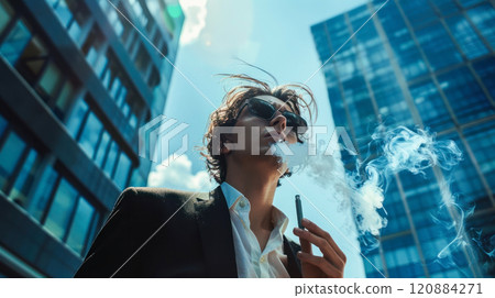 Modern urban lifestyle: cool young man vaping in cityscape with skyscrapers 120884271