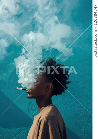 Young black man smoking on blue wall background, creating spectacular smoke patterns, vertical shot 120884347