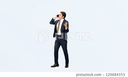 Full-body photo of a male business person talking on a smartphone Full-body photo of a male business person talking on a smartphone 120884353