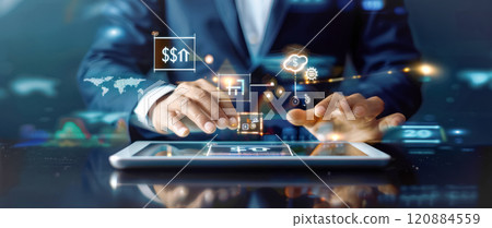 Businessman using financial technology on tablet with virtual holographic icons. Man working on laptop, close-up of hands, banner 120884559