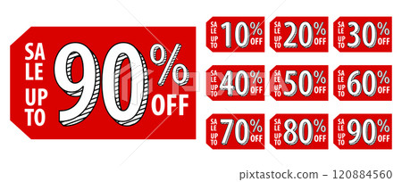 Sale tags set vector badges template, up to 10, 20, 30, 40, 50, 60, 70, 80, 90 percent off, vector illustration isolated on white background. Price off tag icon flat design collection set. Up to 120884560