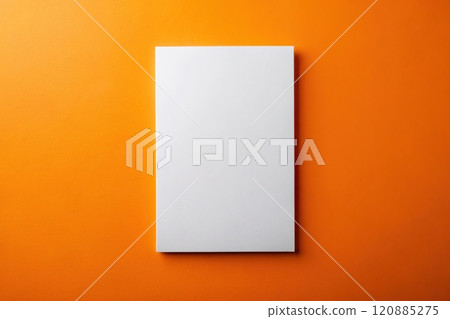 Blank white flyer mockup on orange background reflected 120885275