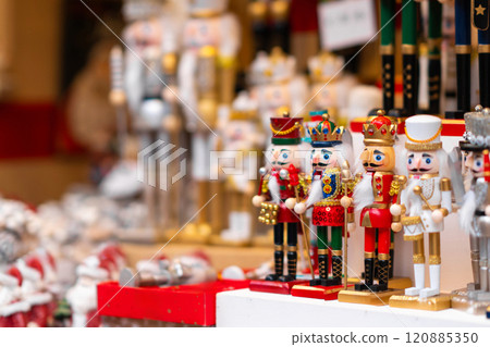Colorful Nutcracker Display at Christmas Market Stall Colorful Nutcracker Display at Christmas Market Stall 120885350