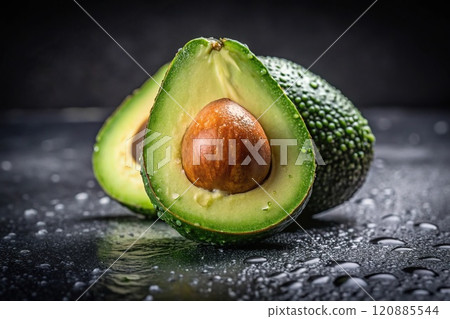 Avocado cut in half covered with water drops on dark background silhouette Avocado cut in half covered with water drops on dark background silhouette 120885544