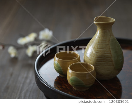 Drinking image: Sake cup and tokkuri sake set Drinking image: Sake cup and tokkuri sake set 120885601