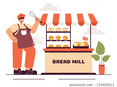 Bread Mill Vector Illustration featuring Wheat Sacks, Assorted Breads, and a Windmill for Bakery Products in a Flat Style Cartoon Background Bread Mill Vector Illustration featuring Wheat Sacks, Assorted Breads, and a Windmill for Bakery Products in a Flat Style Cartoon Background 120885615