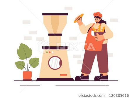 Bread Mill Vector Illustration featuring Wheat Sacks, Assorted Breads, and a Windmill for Bakery Products in a Flat Style Cartoon Background 120885616