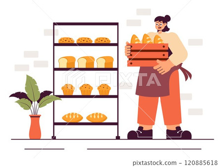 Bread Mill Vector Illustration featuring Wheat Sacks, Assorted Breads, and a Windmill for Bakery Products in a Flat Style Cartoon Background Bread Mill Vector Illustration featuring Wheat Sacks, Assorted Breads, and a Windmill for Bakery Products in a Flat Style Cartoon Background 120885618
