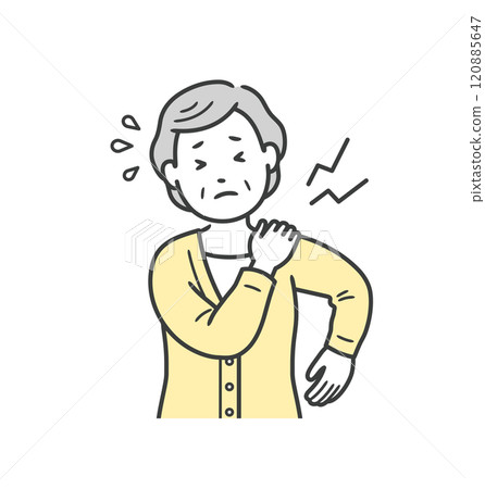 Illustration of an elderly woman's upper body holding her hand on her shoulder due to stiff shoulders or shoulder pain 120885647
