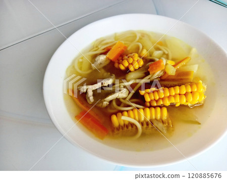 Vegetable and meat soup with corn 120885676