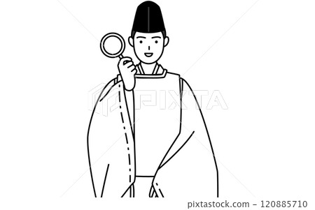 神社的祭司手持放大鏡，將手放在腰上，身穿烏賊和袈裟。 120885710