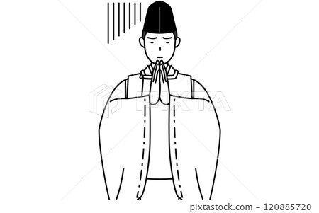 神社的神父穿著烏賊和袈裟，雙手合十在身前道歉。 120885720