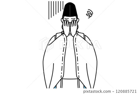 神社的神父穿著烏賊和袈裟，摀著臉，表情鬱悶。 120885721