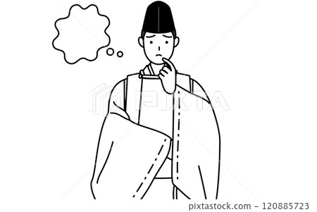 神社的神父穿著烏賊和卡里吉,雙手放在臉上思考 神社的神父穿著烏賊和卡里吉,雙手放在臉上思考 120885723