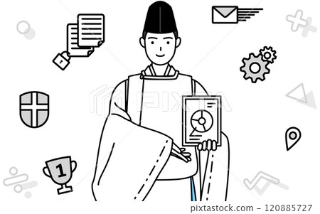 Image of DX, a Shinto priest wearing a hat and kariginu (traditional Japanese formal attire) using digital technology to improve business operations 120885727