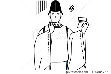 一位神社的僧侶穿著烏賊和剪衣，看著自己的銀行存摺後顯得很沮喪。 120885733