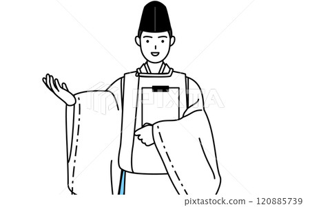 神社的祭司手持寫字板,雙手張開,身穿烏紙和袈裟。 神社的祭司手持寫字板,雙手張開,身穿烏紙和袈裟。 120885739