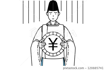 Images of exchange rate losses and the weak yen, a Shinto priest wearing a black hat and hunting costume 120885741