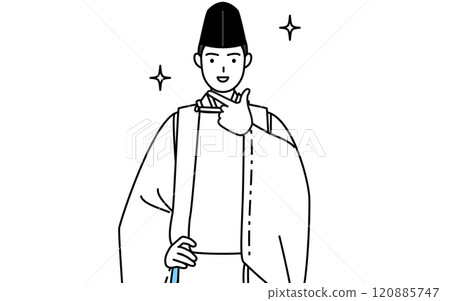 A shrine priest in a confident pose, wearing a hat and kariginu (traditional Japanese hunting costume) 120885747