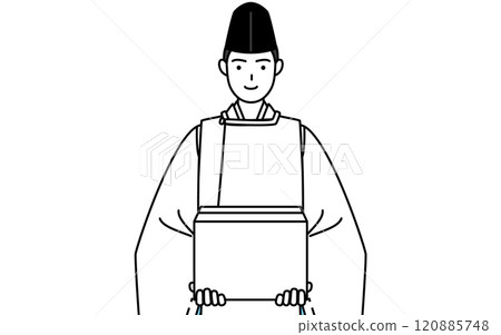A Shinto priest in black hat and kariginu (traditional Japanese hunting costume) carrying cardboard boxes 120885748