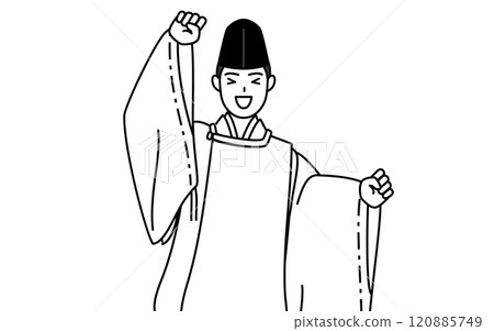 神社的神父穿著烏賊和袈裟,輕快地跳躍著。 神社的神父穿著烏賊和袈裟,輕快地跳躍著。 120885749