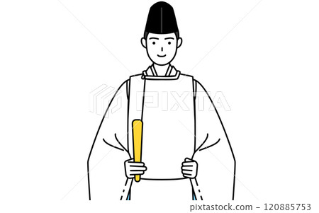 神社的祭司手持權杖,身著烏幹和袈裟 神社的祭司手持權杖,身著烏幹和袈裟 120885753