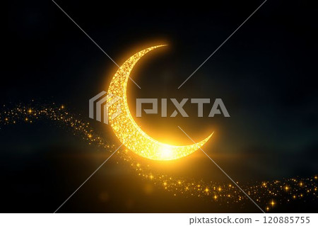 Shining golden crescent moon and stars illustration 120885755