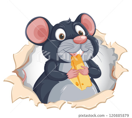 Cheerful Mouse Enjoying a Cheese Snack 120885879
