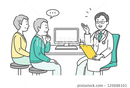 Illustration of an elderly man receiving a medical examination at a forgetfulness clinic, his accompanying wife, and a doctor 120886101