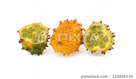 Detailed image showcasing a vivid kiwano melon, also known as horned melon Detailed image showcasing a vivid kiwano melon, also known as horned melon 120886138