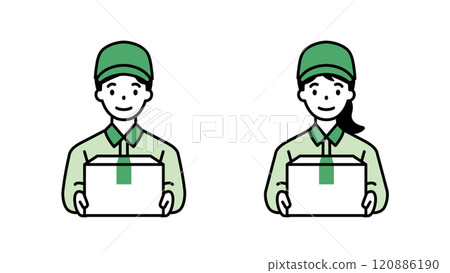 Delivery man with luggage, front, male and female, variable line width 120886190