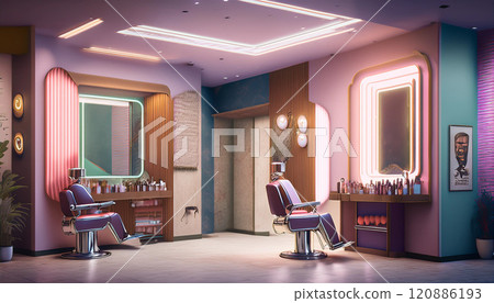 A salon with neon lights and pink walls A salon with neon lights and pink walls 120886193