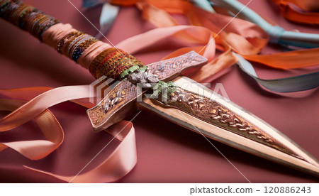 A sword with a gold handle and a green ribbon tied to it 120886243