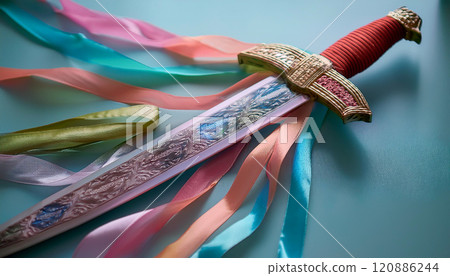 A sword with colorful ribbons tied to it 120886244