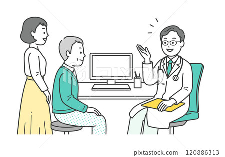 Illustration of an elderly man, his accompanying woman and a doctor undergoing a medical examination at a hospital 120886313